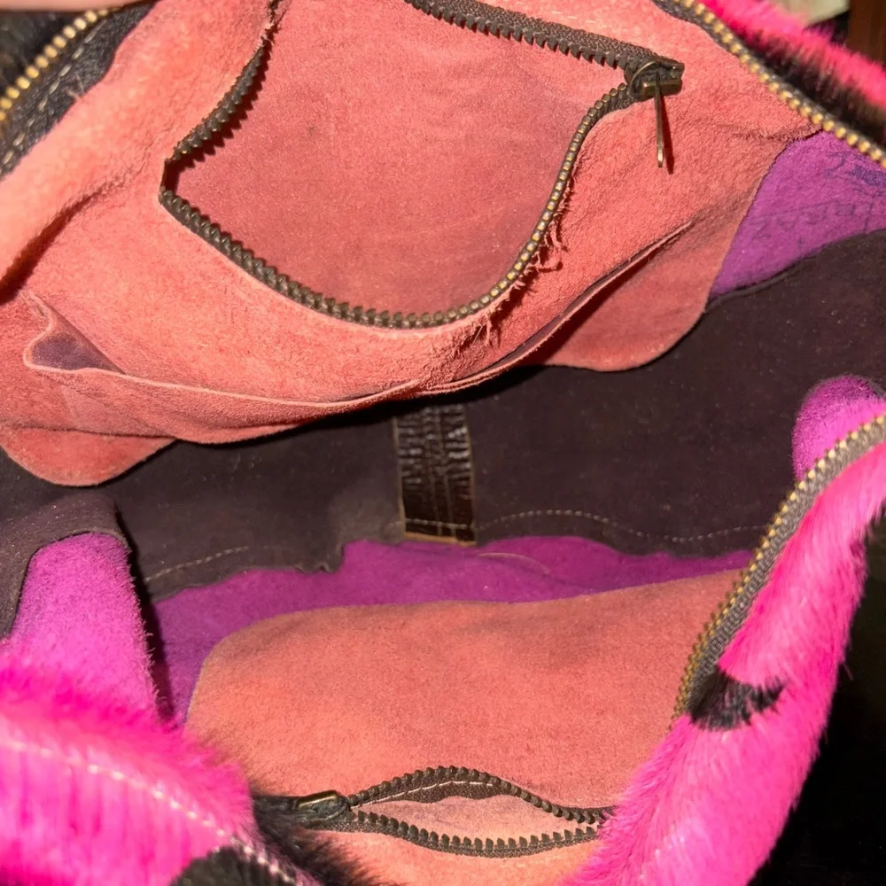 Fur-On Cowhide Western Shoulder Bag Pink & Black Zebra Print w/Leather Strap BP4